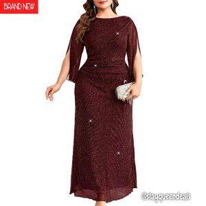 Plus Size Sparkly Evening Dress Petal Sleeve V-Back Ruched Maxi Gown